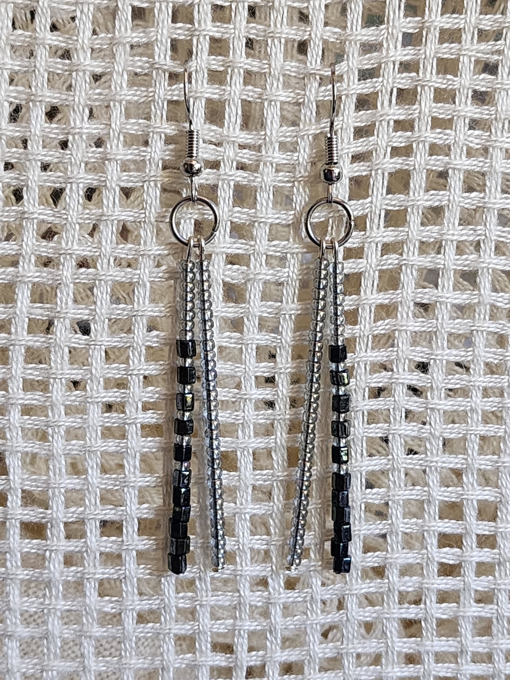 Handcrafted Silver and Black Beaded Drop Earrings